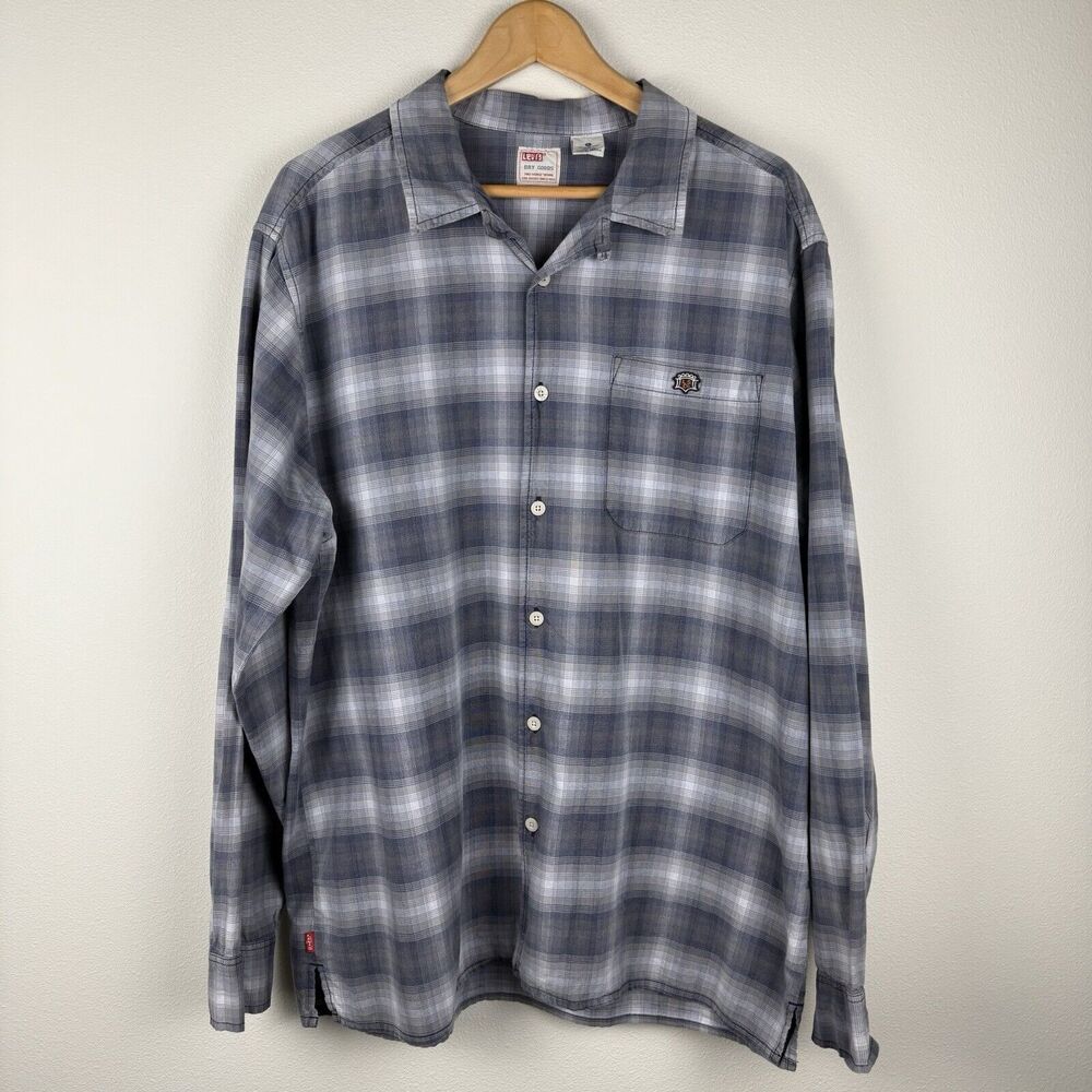 Levi's Dry Goods Mens Plaid Crest Logo Button-Up Shirt Sz L Blue Gray Vintage